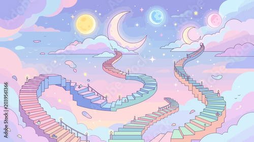 Canvas Print Surreal floating stairways leading to clouds and moons, dreamy pastel flat vecto