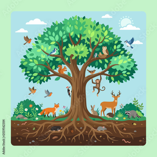 Photography A large tree with many forest animals in a sunny meadow