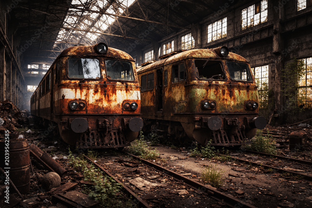 Fototapeta premium Two Abandoned Rusted Trains Inside Decaying Railway Depot