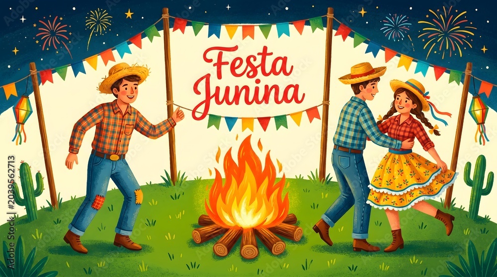 Obraz premium Festa junina celebration with dancing couple and bonfire