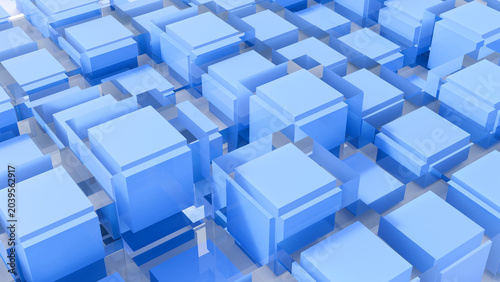 Cuadro en lienzo Abstract 3D high-tech background featuring a grid of futuristic blue cubes and translucent glass blocks