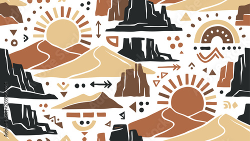 Seamless boho desert pattern with minimalist sand dunes, suns, mesas, and geometric shapes in terracotta tones.