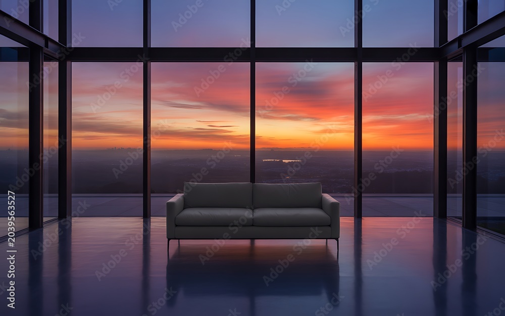 Fototapeta premium Modern living room with a stunning sunset view from a high rise building