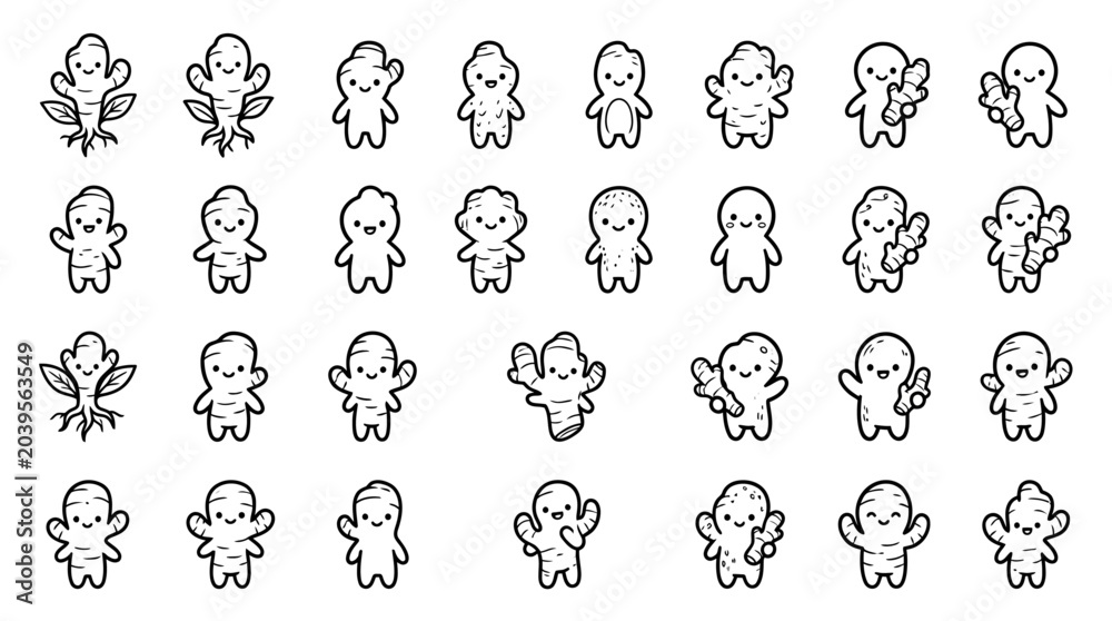 Fototapeta premium Cute Doodle Characters: Diverse Kawaii Figures and Plants in Black and White