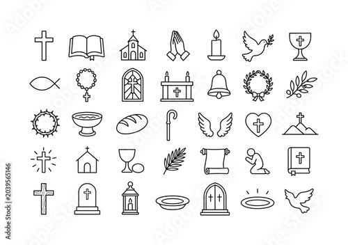 Christian Cross Collection. Line icon set of Christian cross collection: latin cross, open Bible, church building, prayer hands, candle, dove, chalice, fish symbol, rosary, stained glass window,