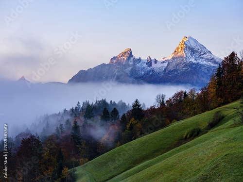 Watzmann with snow and on the left Schönfeldspitze above Hochnebel, Berchtesgaden, Berchtesgadener Land, Upper Bavaria, Bavaria, Germany