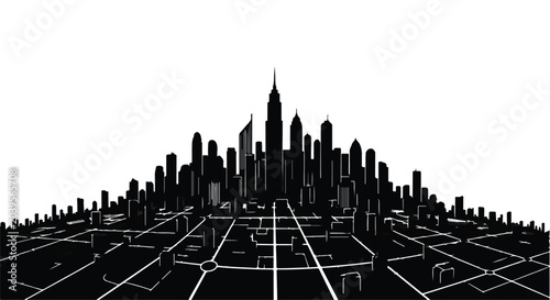 Cityscape silhouette rising above a grid of urban streets symbolizes the rapid growth of metropolitan infrastructure and the expansion of modern architectural developments in a sleek graphic layout.