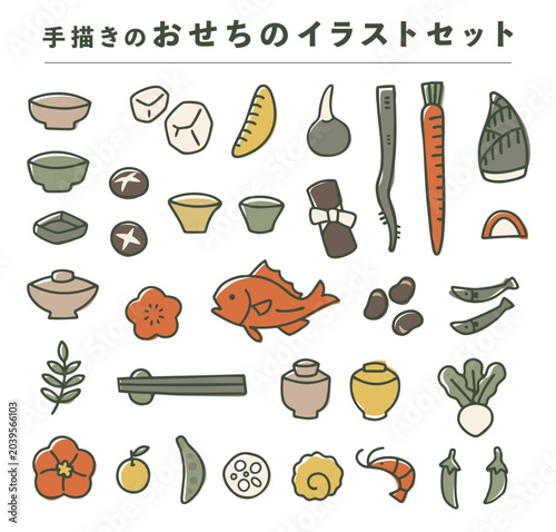 手描きのおせちのイラストセット