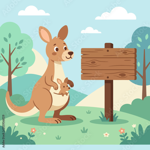 Tableau sur toile A cute mother kangaroo and her joey stand by a sign