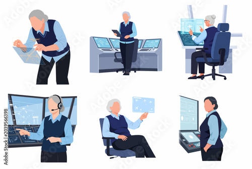Senior female air traffic controller character set working in mission control center with radar screens and digital interfaces