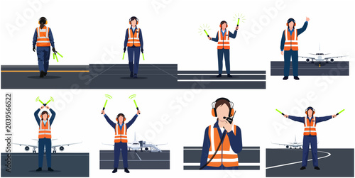 Aircraft ground crew marshaller collection performing various signals and communication on the airport runway