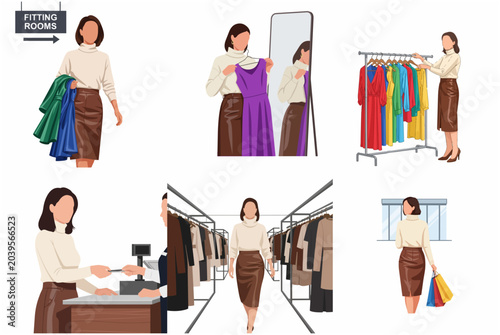 Fashion shopping journey set featuring a woman browsing, trying on clothes, and making a purchase in a boutique.