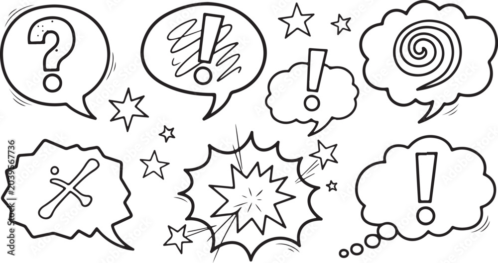 Fototapeta premium Collection of hand drawn speech and thought bubbles in black and white communication