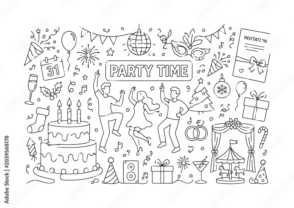 Fototapeta premium Party Event Celebration. Clean one-line drawing banner composition showing oversized party stage, birthday cake, and holiday decorations spanning all edges, 3 people celebrating dancing, new year,