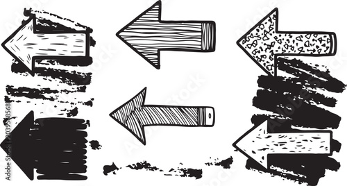 Various bold brush drawn curved arrows. Collection doodle marker thick arrows in different directions. Hand drawn vector direction pointers. Curved and wavy brush strokes