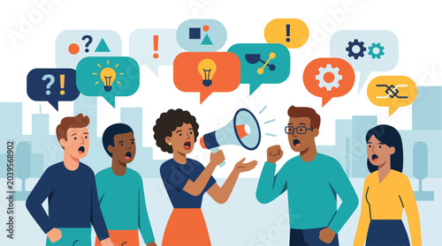 This flat design illustration portrays individuals protesting for freedom of speech and expression, using megaphones and speech bubbles.