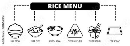 Rice Menu web banner icon vector illustration concept with icons of rice bowl, fried rice, curry bowl, rice dumpling, takeout box, and food tray. 