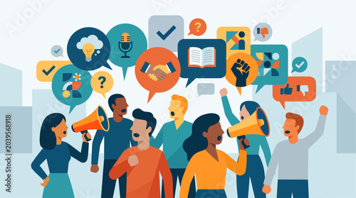 This flat design illustration portrays individuals protesting for freedom of speech and expression, using megaphones and speech bubbles.