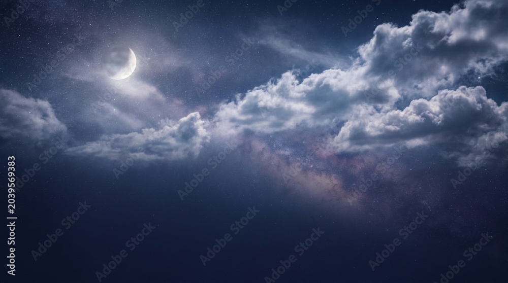 Fototapeta premium Night sky with crescent moon shining through cloudy atmosphere