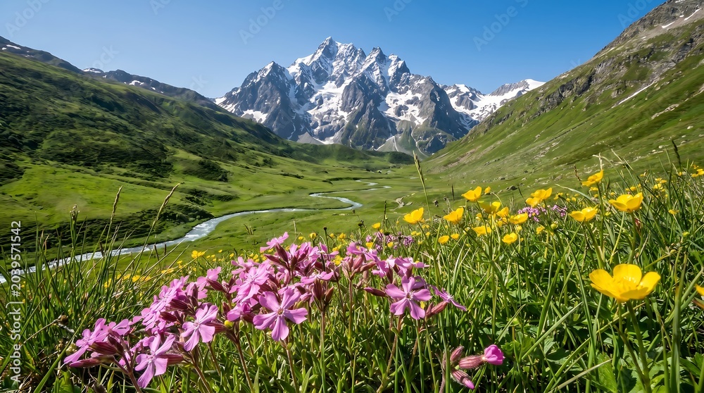 Obraz premium Alpine mountain valley with wildflowers under sunny sky