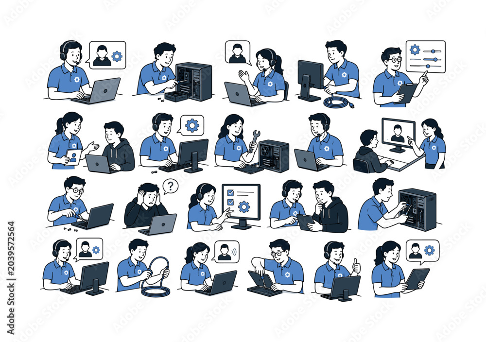 Fototapeta premium Technical Support Service collection of digital illustrations, 12-20 character-driven small scenes across full canvas, people with visible faces and expressive poses fixing computers, answering