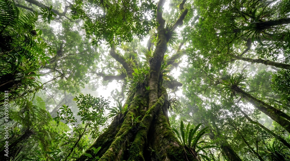 Fototapeta premium Tropical jungle canopy view from ground looking up