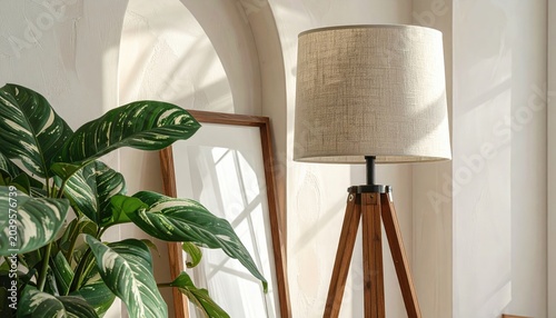 Warm Sunlight Illuminates a Stylish Tripod Floor Lamp and Lush Green Plant.