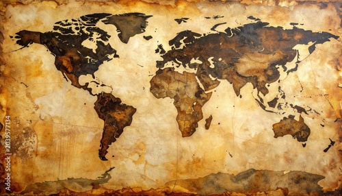 Vintage World Map Illustration with Aged Paper Texture and Earth Tones.