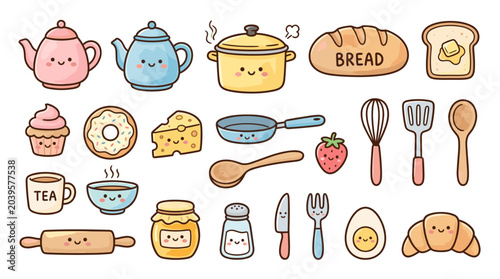 Adorable kitchenware and bakery food doodle illustration collection.