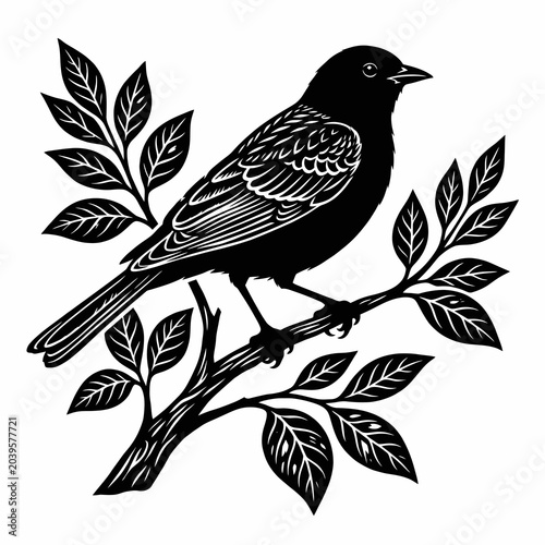 Black and white linocut bird on leafy branch.