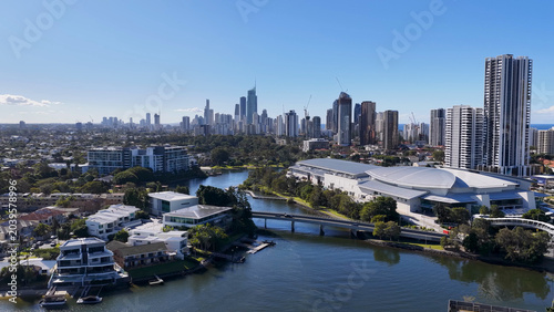 Fotografie Aerial View of Gold Coast Skyline and Convention Center over Waterway