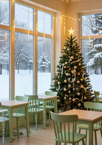 Festive Christmas Cafe Interior with Mint Green Furniture Decorated Tree and Winter Snow Scene