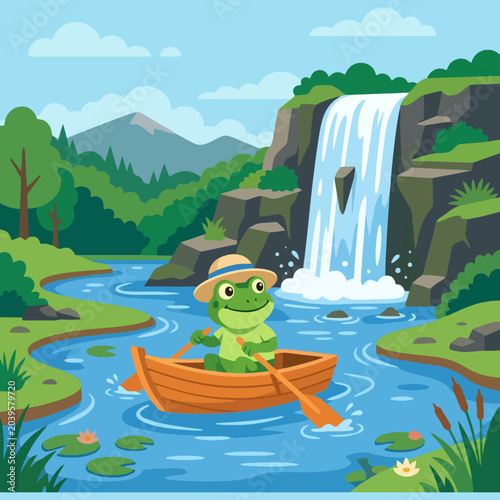 A cute green frog rows a wooden boat near a waterfall