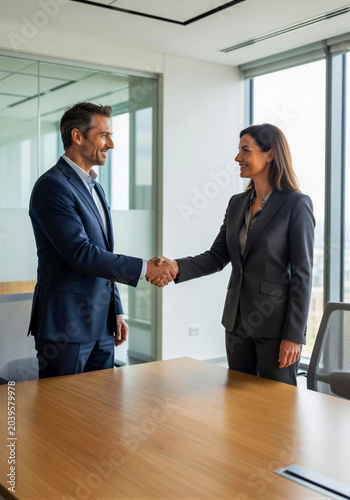 Professional man and woman shaking hands in bright office over sustainable energy and green building brochures