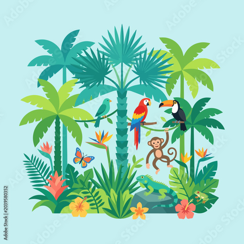 Canvas Print A vibrant illustration of tropical animals in a lush jungle