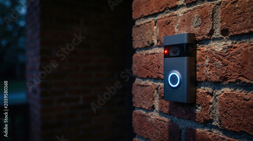Modern Smart Video Doorbell Camera Mounted On Red Brick Exterior Wall For Home Security