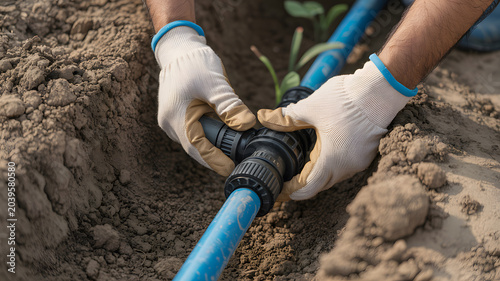 A person wearing gloves connects a blue pipe in the ground for irrigation or plumbing purposes.
