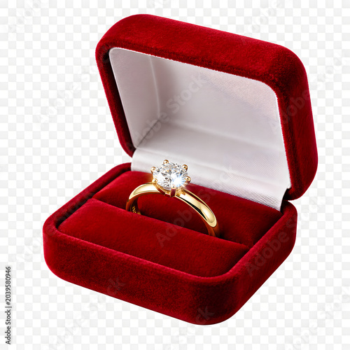 Diamond ring  gold in a red box, wedding ring, proposal of marriage