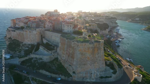 4K Aerial Video Of Bonifacio Castle On A Rocky Coastline Of French Corsica 
