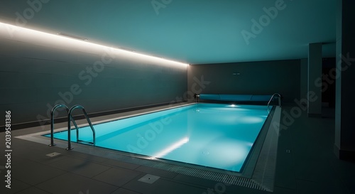 Modern indoor swimming pool with minimalist design and lighting