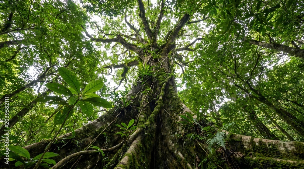 Fototapeta premium Giant rainforest tree looking up into green canopy