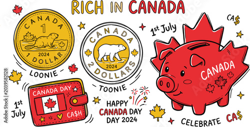 Canadian currency doodle set, loonie and toonie coins, red maple leaf piggy bank vector icons isolated on White Background
