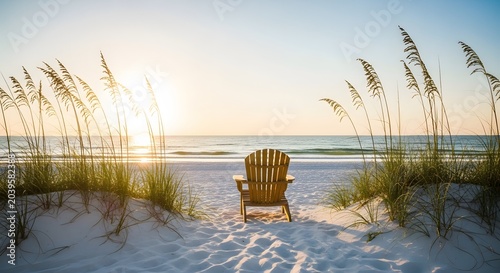Adirondack chair on a sandy beach at sunset with sea oats