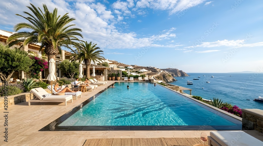 Fototapeta premium Luxurious infinity pool overlooking the Aegean Sea in Mykonos, Greece, with palm trees and sunbathers