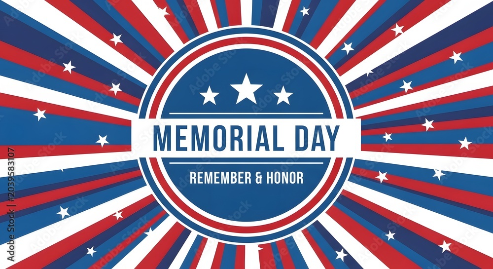 Fototapeta premium Memorial day background with red, white and blue sunburst and stars