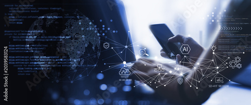 фотографія Digital network with AI icons over laptop and smartphone, global data connections, cybersecurity and cloud computing in modern tech workspace