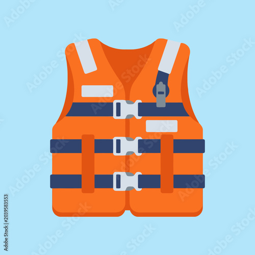 фотографія A bright orange safety vest for water activities on blue background