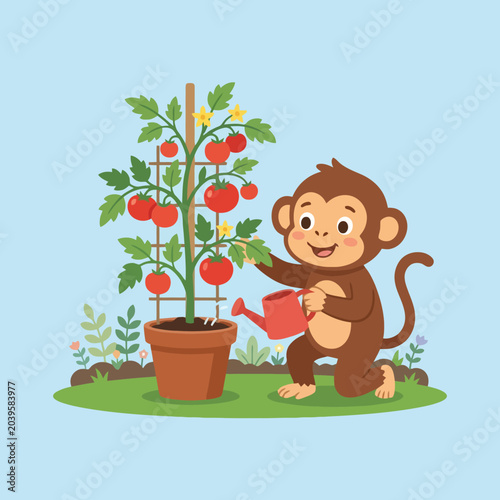 Photography A cute cartoon monkey waters a potted tomato plant in garden