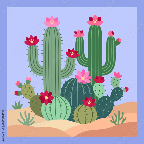 A vibrant illustration of blooming desert cacti in the sand