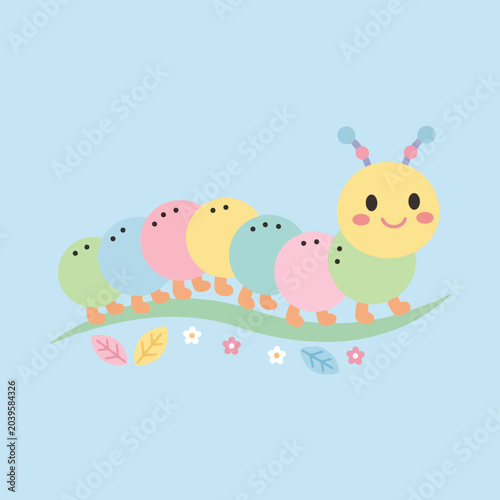 A cute colorful cartoon caterpillar crawls on a green leaf